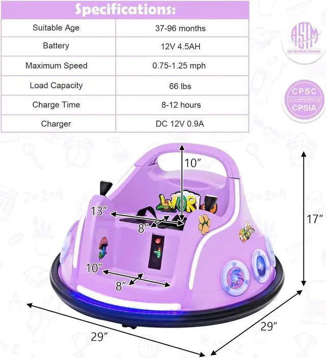Alt view image 7 of 7 - HONEY JOY 12V Toddler Bumper Car, Battery Powered Baby Ride on Bumper Car, Dual Joysticks, Flashing LED Light & Music, Electric Vehicle Ride on Toys w/Remote Control, Gift for Boys Girls (Purple)