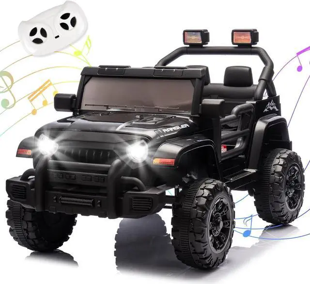 Ride on Truck Car, 12V Kids' Electric Vehicles W/Parents Control, Ride on Toys for Toddlers with Music, Bluetooth, Four-Wheels Suspension, USB, Headlights, Black