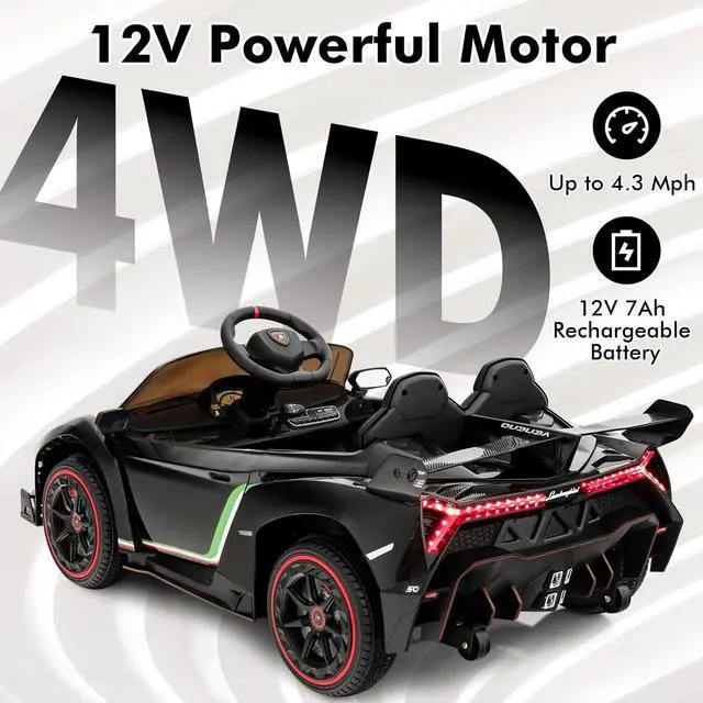 Alt view image 2 of 7 - INFANS 2 Seater Kids Ride on Car, 12V 4WD Licensed Lamborghini Veneno Powered Electric Vehicle with Hydraulic Doors, Rocking Mode, Adjustable Speeds, Remote Control, MP3, Headlight (Black)