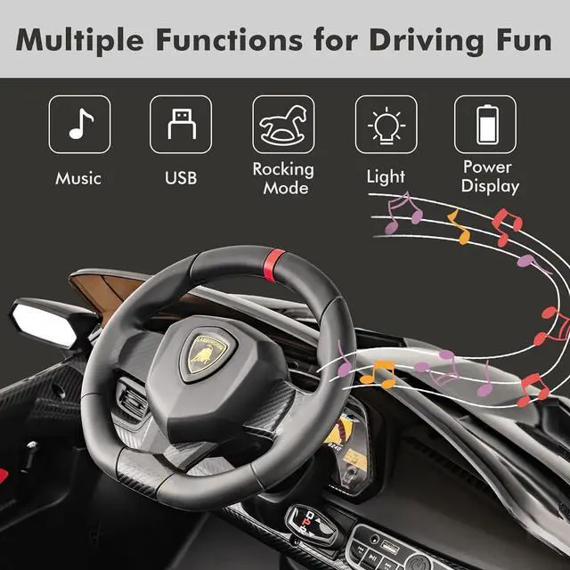 Alt view image 5 of 7 - INFANS 2 Seater Kids Ride on Car, 12V 4WD Licensed Lamborghini Veneno Powered Electric Vehicle with Hydraulic Doors, Rocking Mode, Adjustable Speeds, Remote Control, MP3, Headlight (Black)