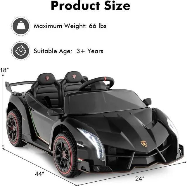 Alt view image 6 of 7 - INFANS 2 Seater Kids Ride on Car, 12V 4WD Licensed Lamborghini Veneno Powered Electric Vehicle with Hydraulic Doors, Rocking Mode, Adjustable Speeds, Remote Control, MP3, Headlight (Black)