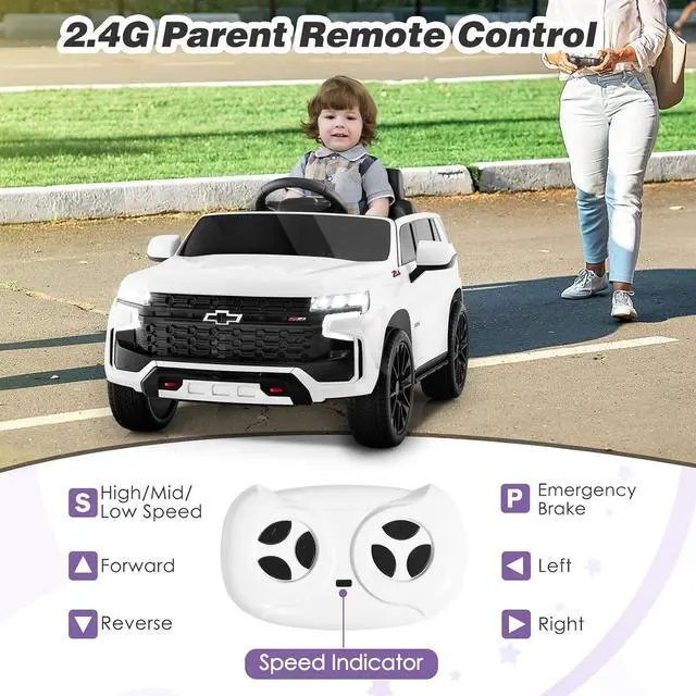 Alt view image 2 of 7 - Costzon Ride on Car, 12V Licensed Chevrolet Tahoe Battery Powered Electric Vehicle w/ 2.4G Remote Control, High/Low Speed, Music, Lights, MP3/USB/FM, Spring Suspension, Electric SUV for Kids (White)