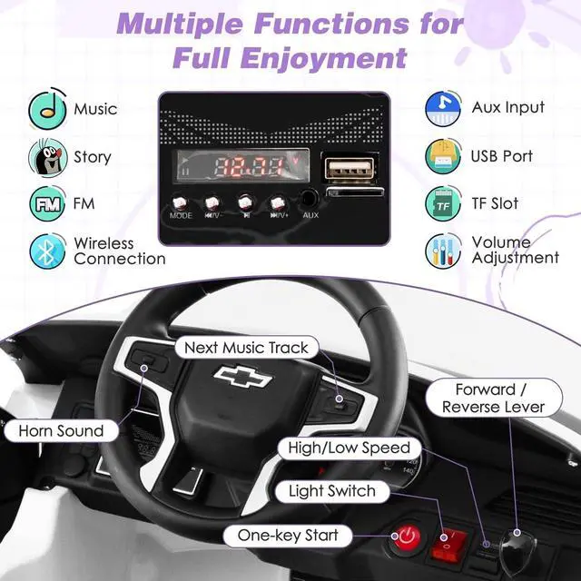 Alt view image 3 of 7 - Costzon Ride on Car, 12V Licensed Chevrolet Tahoe Battery Powered Electric Vehicle w/ 2.4G Remote Control, High/Low Speed, Music, Lights, MP3/USB/FM, Spring Suspension, Electric SUV for Kids (White)