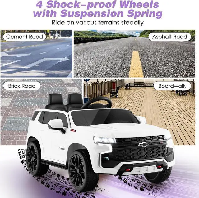 Alt view image 7 of 7 - Costzon Ride on Car, 12V Licensed Chevrolet Tahoe Battery Powered Electric Vehicle w/ 2.4G Remote Control, High/Low Speed, Music, Lights, MP3/USB/FM, Spring Suspension, Electric SUV for Kids (White)