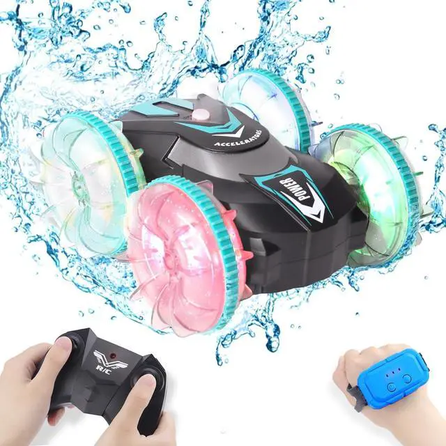 Main image of Amphibious Remote Control Car Boat for Boys Girls - Best Birthday Gifts for Kids Age 6 7 8 9 10 11 12, 4WD Double Sided Stunt Car with LED Lights, 2.4GHz Waterproof Pool Vehicle Toy for Kids