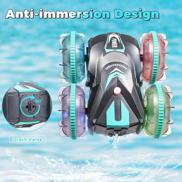 Alt view image 3 of 7 - Amphibious Remote Control Car Boat for Boys Girls - Best Birthday Gifts for Kids Age 6 7 8 9 10 11 12, 4WD Double Sided Stunt Car with LED Lights, 2.4GHz Waterproof Pool Vehicle Toy for Kids