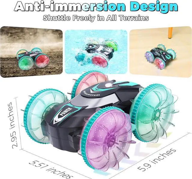 Alt view image 5 of 7 - Amphibious Remote Control Car Boat for Boys Girls - Best Birthday Gifts for Kids Age 6 7 8 9 10 11 12, 4WD Double Sided Stunt Car with LED Lights, 2.4GHz Waterproof Pool Vehicle Toy for Kids