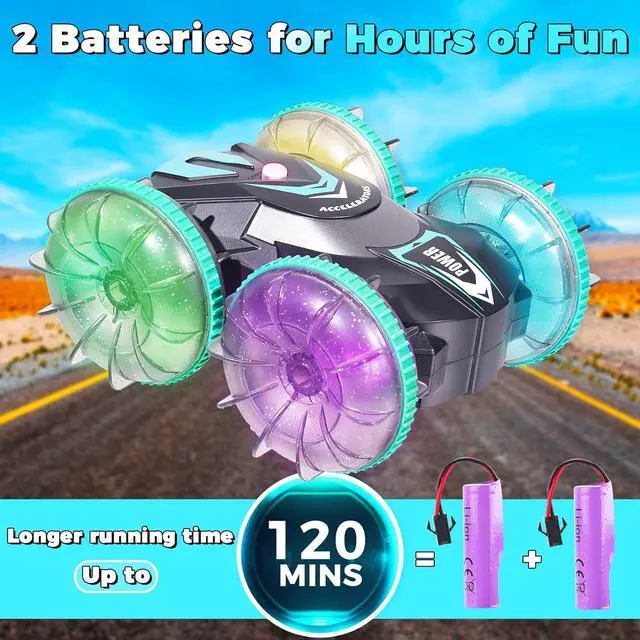 Alt view image 6 of 7 - Amphibious Remote Control Car Boat for Boys Girls - Best Birthday Gifts for Kids Age 6 7 8 9 10 11 12, 4WD Double Sided Stunt Car with LED Lights, 2.4GHz Waterproof Pool Vehicle Toy for Kids