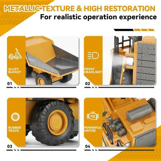 Alt view image 4 of 7 - Remote Control Dump Truck, RC Construction Vehicle for Kids with 9 Channel Metal Bed Light Sound & Rechargeable Battery, Electric Transport Garbage Truck Toy for Toddlers Boys Girls Age 3+