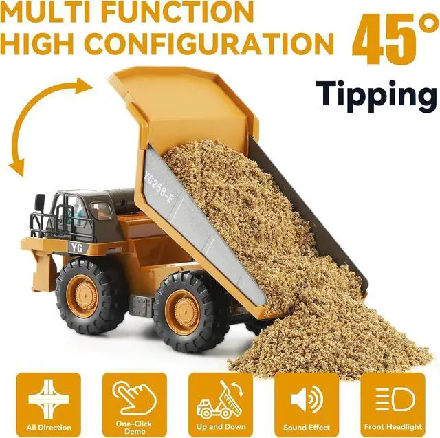 Alt view image 2 of 7 - Remote Control Dump Truck, RC Construction Vehicle for Kids with 9 Channel Metal Bed Light Sound & Rechargeable Battery, Electric Transport Garbage Truck Toy for Toddlers Boys Girls Age 3+