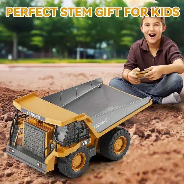 Alt view image 6 of 7 - Remote Control Dump Truck, RC Construction Vehicle for Kids with 9 Channel Metal Bed Light Sound & Rechargeable Battery, Electric Transport Garbage Truck Toy for Toddlers Boys Girls Age 3+
