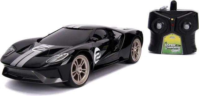 Main image of Jada Toys Bigtime Muscle 1:16 2017 Ford GT RC Remote Control Car 2.4 GHz Black/White Stripes, Toys for Kids and Adults, Glossy Black W/Stripes (30721)