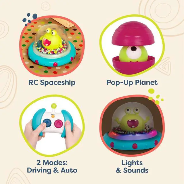 Alt view image 3 of 7 - B. toys- Vehicle Bumper Space Car-Light-Up- Simple Remote Control Car for Toddlers with Alien Driver- Marky Mars- 12 months +