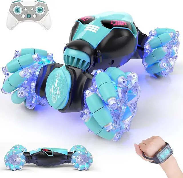 Main image of Powerextra LED Gesture RC Car, 4WD Hand Controlled Sensor RC Stunt Car, Double Sided 360° Flips Off Road Remote Control Vehicle Toy with Lights & Music, Sensing Toy for Age 8+ Year Old Boys & Girls