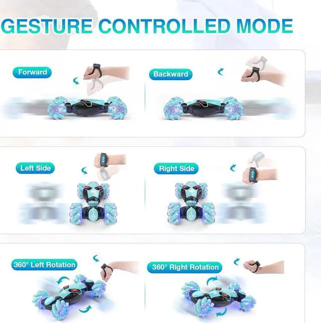 Alt view image 6 of 7 - Powerextra LED Gesture RC Car, 4WD Hand Controlled Sensor RC Stunt Car, Double Sided 360° Flips Off Road Remote Control Vehicle Toy with Lights & Music, Sensing Toy for Age 8+ Year Old Boys & Girls