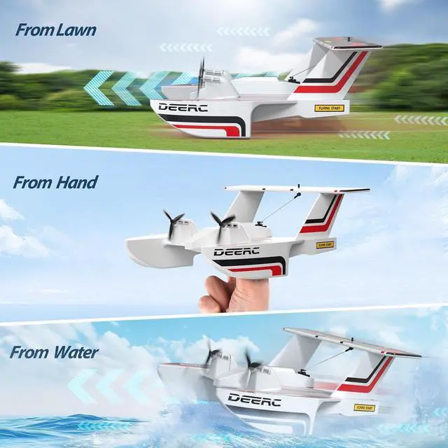 Alt view image 3 of 7 - DEERC RC Plane for Water Land & Air, Amphibious Tri-Phibian Aircraft, 3CH Remote Control Plane W/ 2 Batteries, 2.4GHz RTF Airplane Glider for Boy Girl