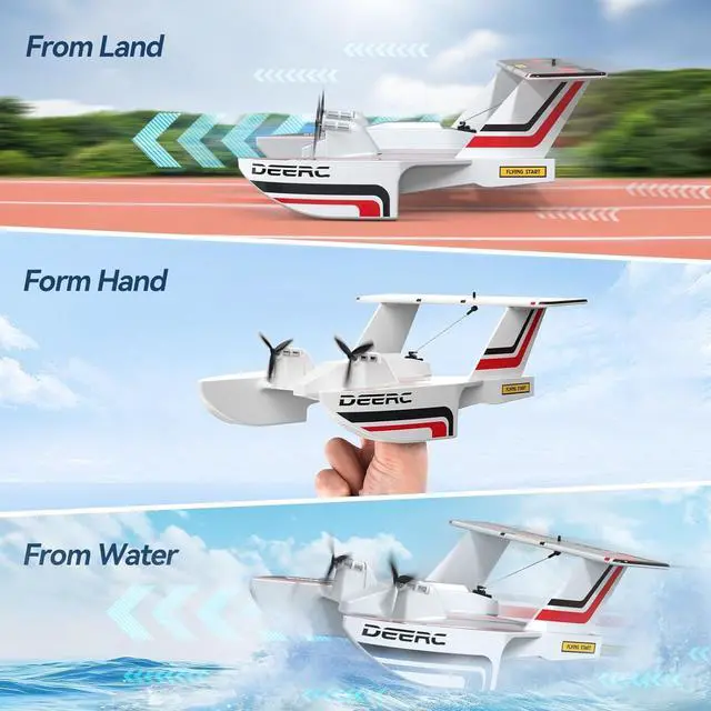 Alt view image 7 of 7 - DEERC RC Plane for Water Land & Air, Amphibious Tri-Phibian Aircraft, 3CH Remote Control Plane W/ 2 Batteries, 2.4GHz RTF Airplane Glider for Boy Girl