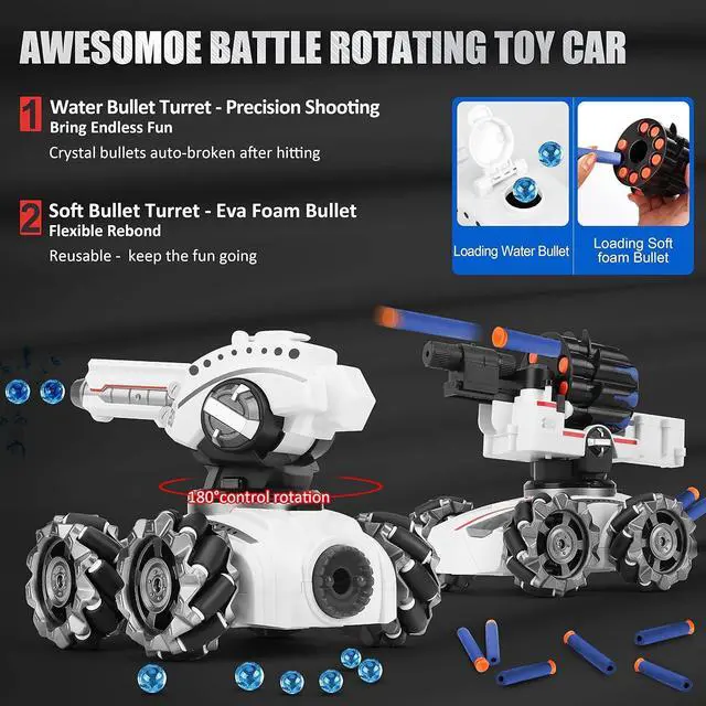 Alt view image 3 of 7 - CXJ 3 Head RC Car,Rc Tank Car Shooting Water Bullets Remote Control Car, Kids 4WD Battle Stunt Car, Blow Bubble, Shoot Foam Darts, 360°Rotating, LEDs, Music, Toy Gifts for 6-15 Years Old Boys Girls