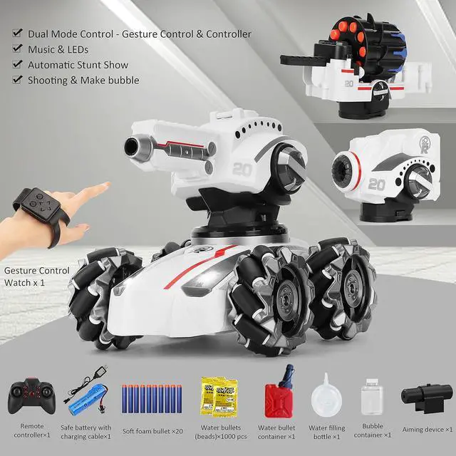 Alt view image 7 of 7 - CXJ 3 Head RC Car,Rc Tank Car Shooting Water Bullets Remote Control Car, Kids 4WD Battle Stunt Car, Blow Bubble, Shoot Foam Darts, 360°Rotating, LEDs, Music, Toy Gifts for 6-15 Years Old Boys Girls