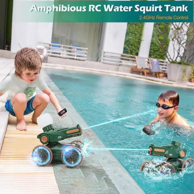 Alt view image 2 of 7 - Toys for Kids 6-12 Remote Control Car Boat Gifts for Boys 5-7 8 9 10 11 Year Old Amphibious RC Gesture Stunt Water Squirt Tank with Lights & Self-Dispensing Cool Outdoor Summer Beach Pool Toy