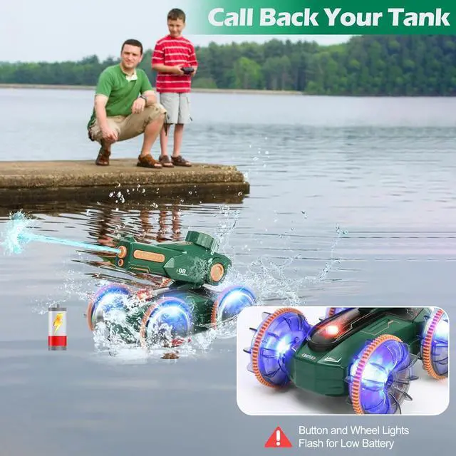 Alt view image 5 of 7 - Toys for Kids 6-12 Remote Control Car Boat Gifts for Boys 5-7 8 9 10 11 Year Old Amphibious RC Gesture Stunt Water Squirt Tank with Lights & Self-Dispensing Cool Outdoor Summer Beach Pool Toy