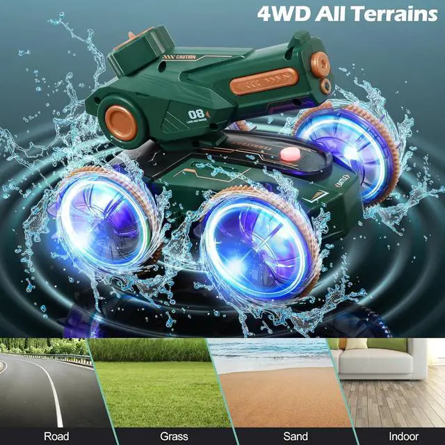 Alt view image 3 of 7 - Toys for Kids 6-12 Remote Control Car Boat Gifts for Boys 5-7 8 9 10 11 Year Old Amphibious RC Gesture Stunt Water Squirt Tank with Lights & Self-Dispensing Cool Outdoor Summer Beach Pool Toy