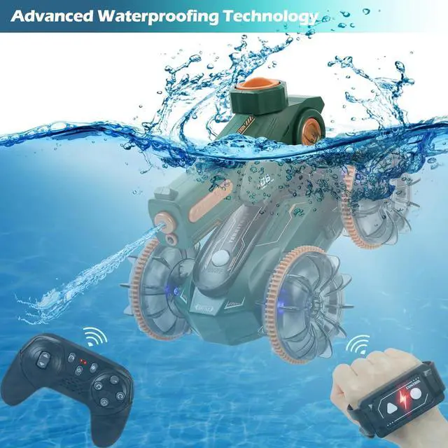 Alt view image 6 of 7 - Toys for Kids 6-12 Remote Control Car Boat Gifts for Boys 5-7 8 9 10 11 Year Old Amphibious RC Gesture Stunt Water Squirt Tank with Lights & Self-Dispensing Cool Outdoor Summer Beach Pool Toy