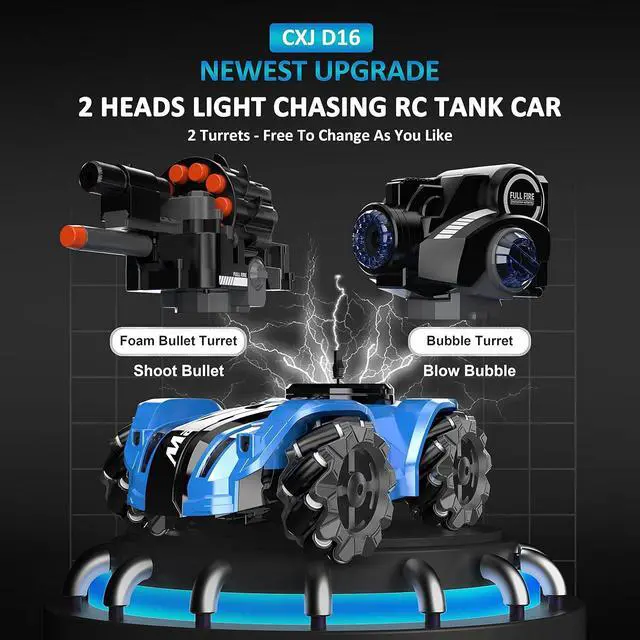 Alt view image 2 of 7 - RC Tank Car,Rc Car That Shoot,2 Heads That Shoot Nerf Bullet (Foam Dart), Make Bubble, Remote Control Tank for Adult, 4WD Battle Stunt Car with 360°Rotating, LEDs, Music, Toy Gift for Boys 6+