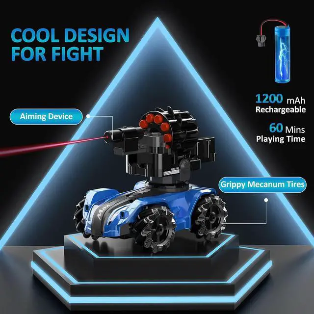 Alt view image 5 of 7 - RC Tank Car,Rc Car That Shoot,2 Heads That Shoot Nerf Bullet (Foam Dart), Make Bubble, Remote Control Tank for Adult, 4WD Battle Stunt Car with 360°Rotating, LEDs, Music, Toy Gift for Boys 6+