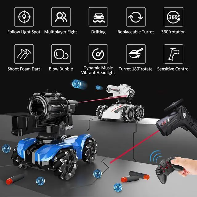 Alt view image 6 of 7 - RC Tank Car,Rc Car That Shoot,2 Heads That Shoot Nerf Bullet (Foam Dart), Make Bubble, Remote Control Tank for Adult, 4WD Battle Stunt Car with 360°Rotating, LEDs, Music, Toy Gift for Boys 6+
