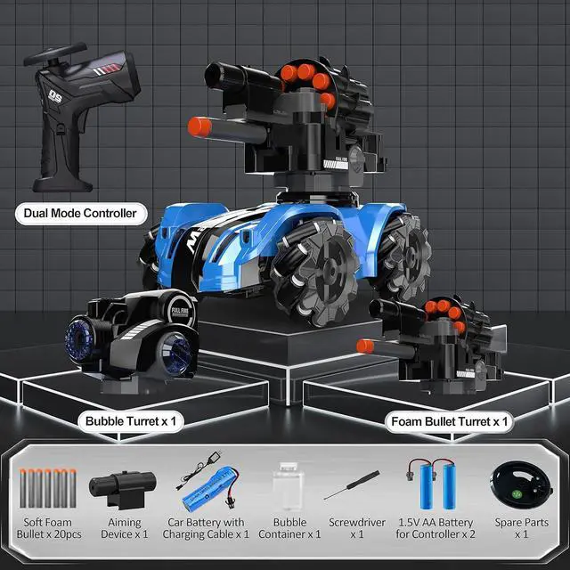 Alt view image 7 of 7 - RC Tank Car,Rc Car That Shoot,2 Heads That Shoot Nerf Bullet (Foam Dart), Make Bubble, Remote Control Tank for Adult, 4WD Battle Stunt Car with 360°Rotating, LEDs, Music, Toy Gift for Boys 6+