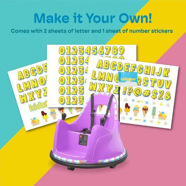 Alt view image 4 of 6 - Kidzone Smart Bumper Car for Toddler & Kids 1.5-6 Years Old, 12V 2-Speeds Electric Ride On Bumping Toy Gifts W/Remote Control, APP Control, LED Lights, Bluetooth, 360°Spin and DIY Sticker, Purple