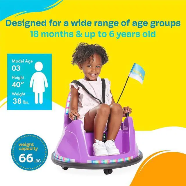 Alt view image 5 of 6 - Kidzone Smart Bumper Car for Toddler & Kids 1.5-6 Years Old, 12V 2-Speeds Electric Ride On Bumping Toy Gifts W/Remote Control, APP Control, LED Lights, Bluetooth, 360°Spin and DIY Sticker, Purple