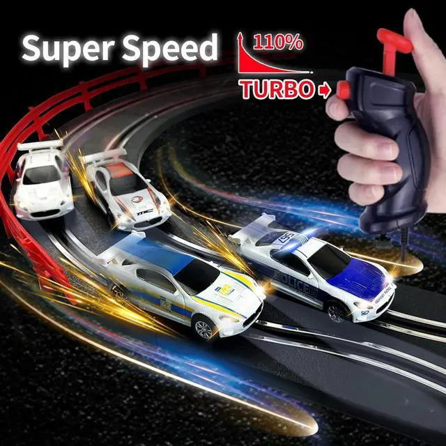 Alt view image 2 of 7 - Slot Car Race Track Sets with 4 Light-Up Slot Cars, Battery or Electric Car Track, 2 Adjustable Speed Hand Controls, Track Parts and Lap Counter, Gifts Toys for Boys Girls Kids Age 4 5 6 7 8-12