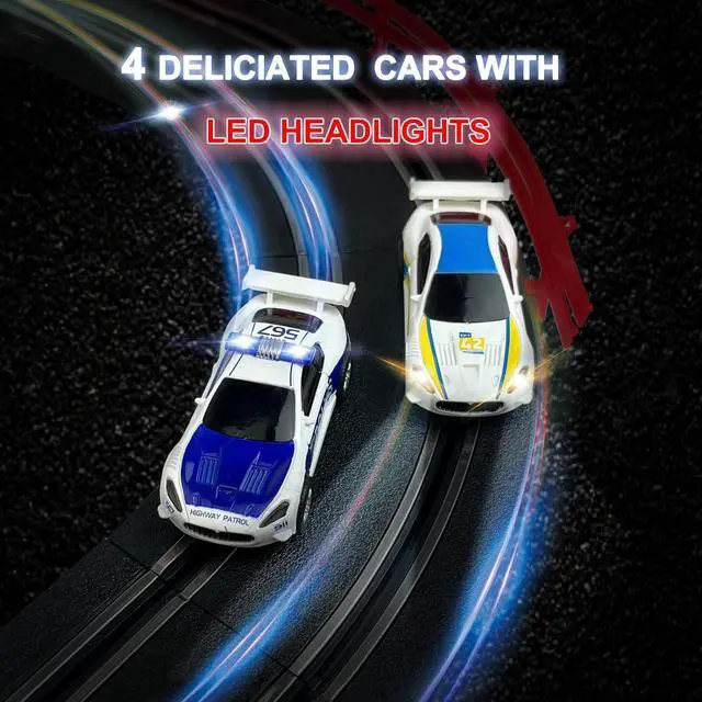 Alt view image 3 of 7 - Slot Car Race Track Sets with 4 Light-Up Slot Cars, Battery or Electric Car Track, 2 Adjustable Speed Hand Controls, Track Parts and Lap Counter, Gifts Toys for Boys Girls Kids Age 4 5 6 7 8-12