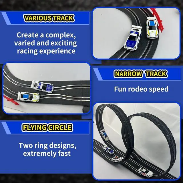 Alt view image 4 of 7 - Slot Car Race Track Sets with 4 Light-Up Slot Cars, Battery or Electric Car Track, 2 Adjustable Speed Hand Controls, Track Parts and Lap Counter, Gifts Toys for Boys Girls Kids Age 4 5 6 7 8-12