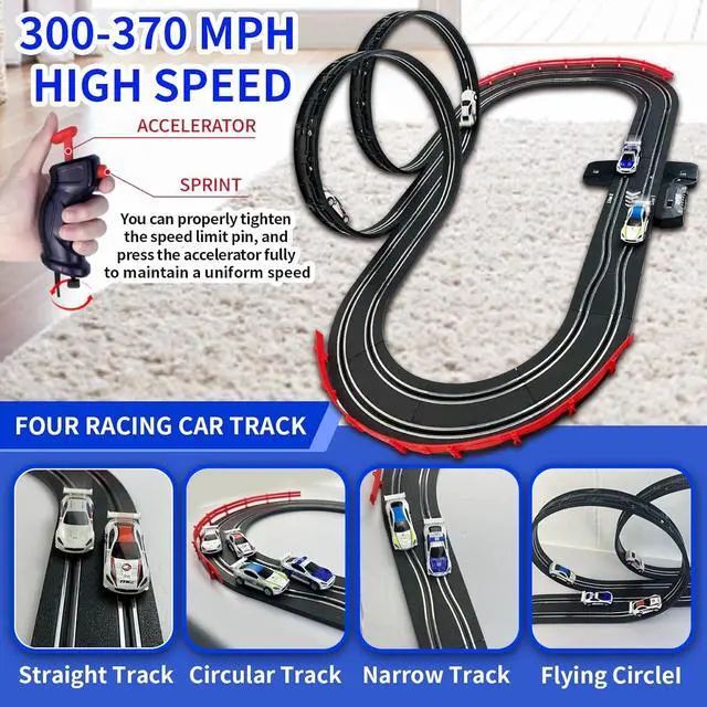 Alt view image 5 of 7 - Slot Car Race Track Sets with 4 Light-Up Slot Cars, Battery or Electric Car Track, 2 Adjustable Speed Hand Controls, Track Parts and Lap Counter, Gifts Toys for Boys Girls Kids Age 4 5 6 7 8-12
