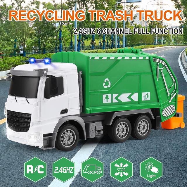 Alt view image 5 of 6 - 2.4Ghz Remote Control Garbage Truck Toys, RC Trash Truck Toys for Boys with Trash Bin Real Lights, 1/24 Scale 6 Channel Rechargeable Recycling Truck Gift for Kids