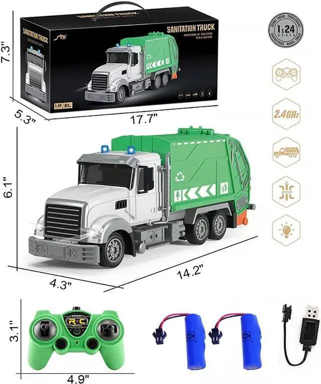 Alt view image 5 of 5 - 2.4G RC Garbage Truck Toy with Lights - 6 Channel Remote Control Waste Management Garbage Truck with 2 Rechargeable Batteries, Kids Recycling Trash Toys, Excellent Xmas Gifts for Boys Girls 3-8
