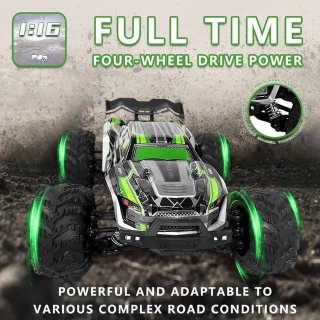 Alt view image 5 of 5 - 1:16 Scale RC Cars 50 KMH 4WD Remote Control Car High Speed RC Truck for Adults Boys 2.4 GHz All Terrains RC Buggy Off-Road Drift RC Monster Trucks with 3 Batteries (Green)