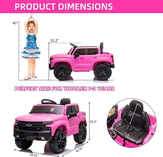 Alt view image 2 of 6 - 12V Electric Car for Kids,Licensed Chevy Silverado Truck Kids Ride On Car with Remote Control Battery Powered Electric Vehicle Toy Car, 4-Wheeler Suspension, Music& Lights, 3 Speeds(Pink)