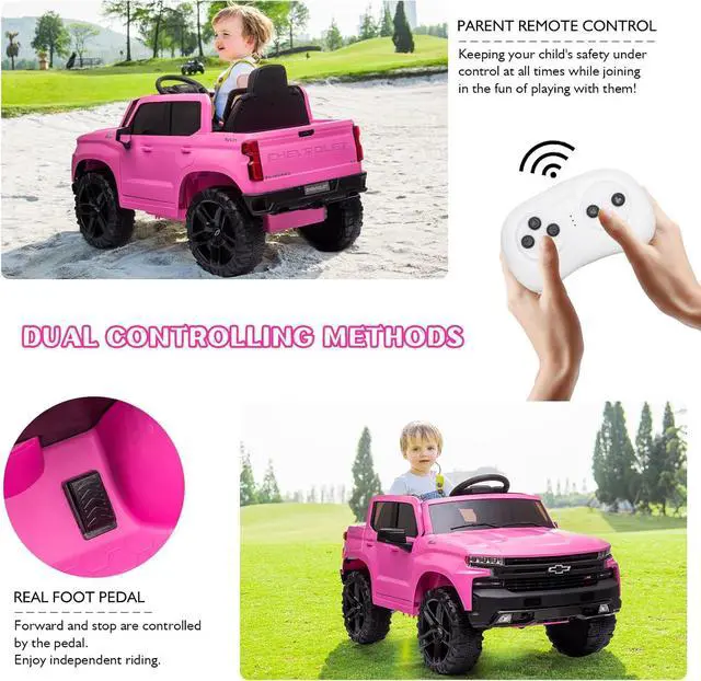 Alt view image 3 of 6 - 12V Electric Car for Kids,Licensed Chevy Silverado Truck Kids Ride On Car with Remote Control Battery Powered Electric Vehicle Toy Car, 4-Wheeler Suspension, Music& Lights, 3 Speeds(Pink)