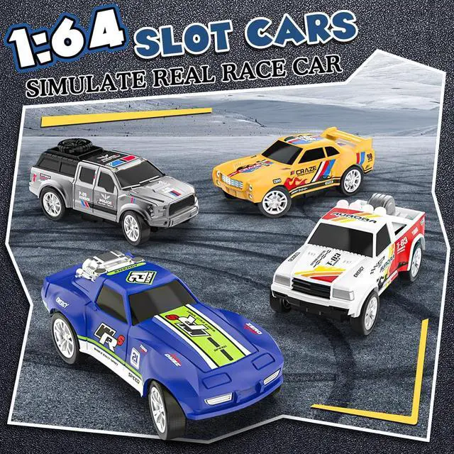 Alt view image 2 of 7 - Slot Car Race Track Sets with 4 Slot Cars, Electric Race Car Track Include Slope Circular Overpass Track, Dual Racing Game Featuring Flash Bridge and Pendulum, Gifts Toys for Boys Kids Age 6 7 8-12