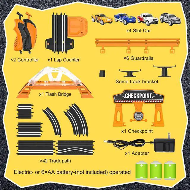 Alt view image 6 of 7 - Slot Car Race Track Sets with 4 Slot Cars, Electric Race Car Track Include Slope Circular Overpass Track, Dual Racing Game Featuring Flash Bridge and Pendulum, Gifts Toys for Boys Kids Age 6 7 8-12