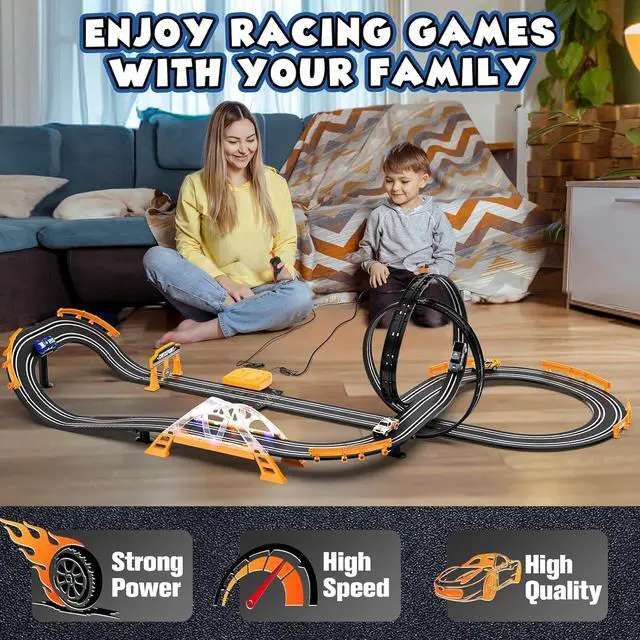 Alt view image 5 of 7 - Slot Car Race Track Sets with 4 Slot Cars, Electric Race Car Track Include Slope Circular Overpass Track, Dual Racing Game Featuring Flash Bridge and Pendulum, Gifts Toys for Boys Kids Age 6 7 8-12