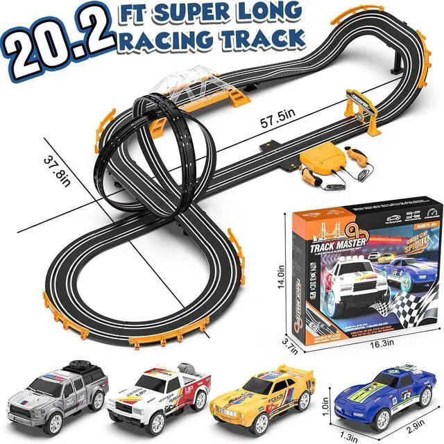 Alt view image 7 of 7 - Slot Car Race Track Sets with 4 Slot Cars, Electric Race Car Track Include Slope Circular Overpass Track, Dual Racing Game Featuring Flash Bridge and Pendulum, Gifts Toys for Boys Kids Age 6 7 8-12