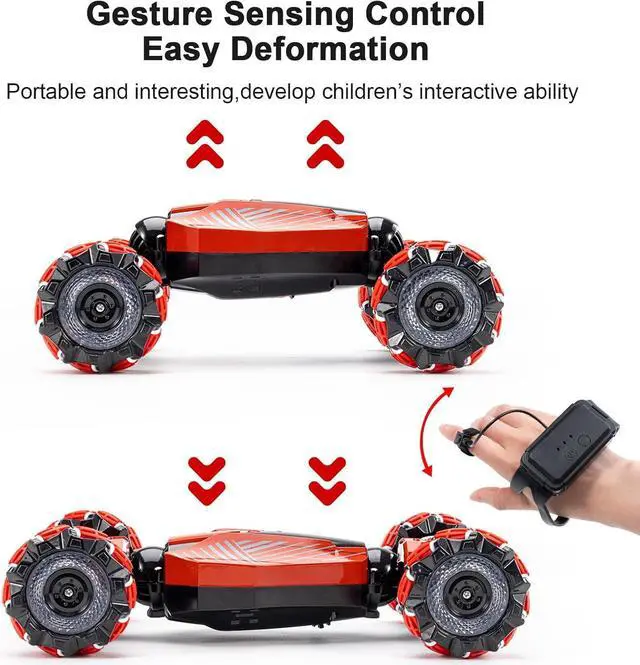 Alt view image 6 of 7 - Gesture Sensing RC Stunt car, 4WD Drive Watch Remote-Controlled Vehicle, Bidirectional Drifting Off-Road Vehicle with Music and Lights Toys for Boys,Presents for Kids(RED)