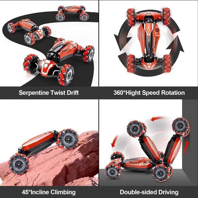 Alt view image 5 of 7 - Gesture Sensing RC Stunt car, 4WD Drive Watch Remote-Controlled Vehicle, Bidirectional Drifting Off-Road Vehicle with Music and Lights Toys for Boys,Presents for Kids(RED)
