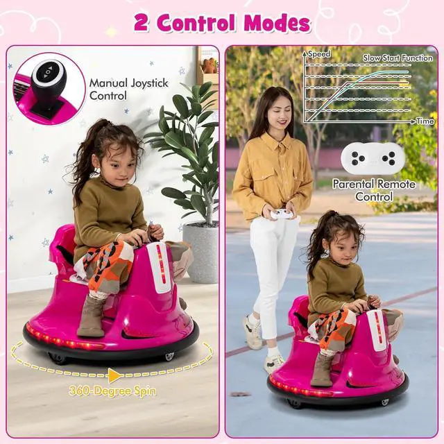Alt view image 2 of 7 - Costzon 12V Kids Ride On Bumper Car, Electric Bumper Car w/Dual Joysticks, Remote Control, 360° Spin, Slow Start Function, LED Lights & Fun Music, Adjustable Safety Belt, Soft Bumper (Pink)