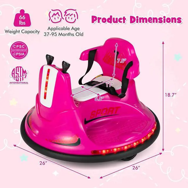 Alt view image 6 of 7 - Costzon 12V Kids Ride On Bumper Car, Electric Bumper Car w/Dual Joysticks, Remote Control, 360° Spin, Slow Start Function, LED Lights & Fun Music, Adjustable Safety Belt, Soft Bumper (Pink)